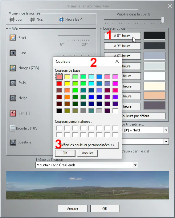 Palette couleurs personnalisées paramètres environnementaux dans EEP