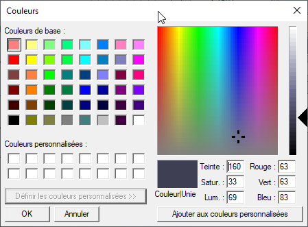 Palette couleurs personnalisées paramètres environnementaux dans EEP