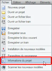 Menu Fichier Information du projet EEP
